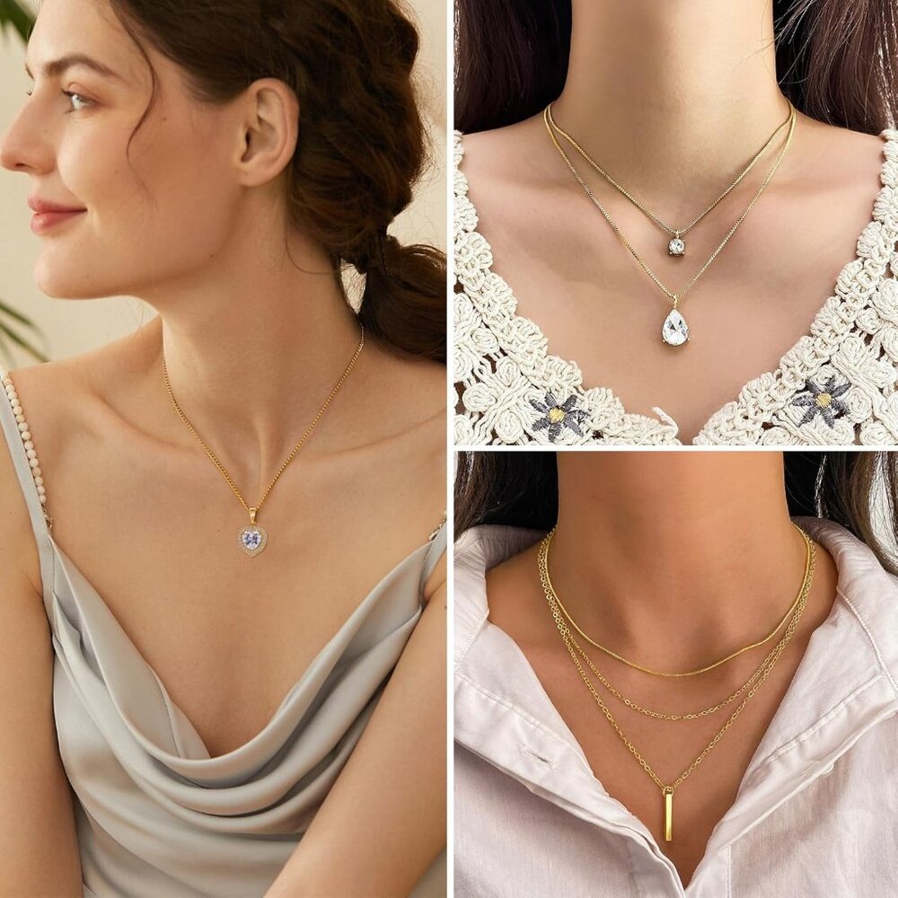 Gold Plated Jewelry Set for Women,14k Gold Plated Multi Layer Necklaces Stackabl - Picture 2 of 9